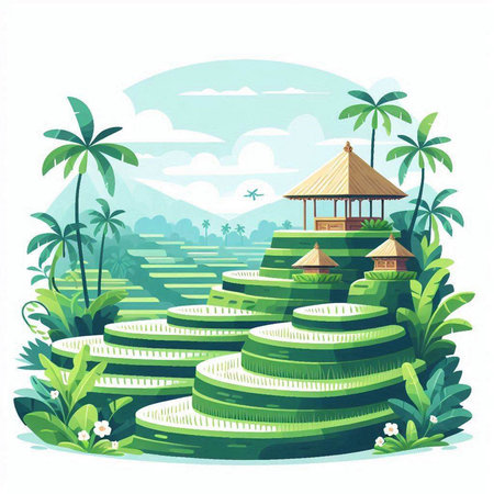 Tropical island with palm trees and a hut. Vector illustration.のイラスト素材