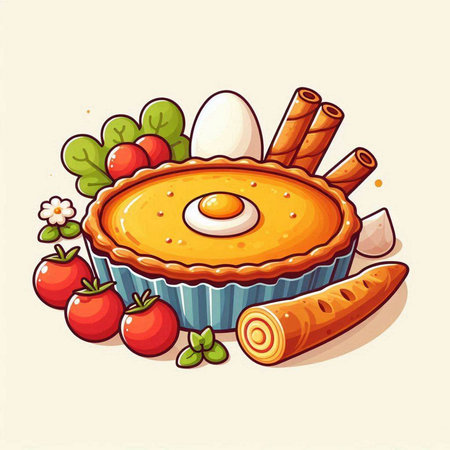Vector illustration of a pie with eggs, tomatoes and cinnamon sticks.のイラスト素材