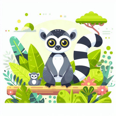 Cute lemur in the jungle. Vector illustration in flat styleのイラスト素材