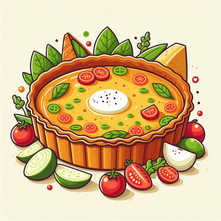 Vector illustration of a pie with tomato, cucumber and egg.のイラスト素材