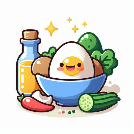 Illustration of a Cute Cartoon Boiled Egg in a Bowlのイラスト素材