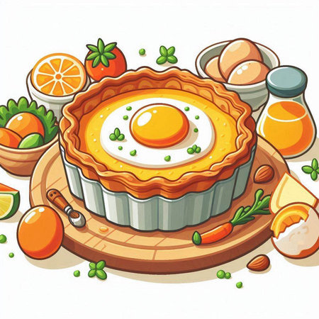 Illustration of a pie with eggs and fruits on a white backgroundのイラスト素材