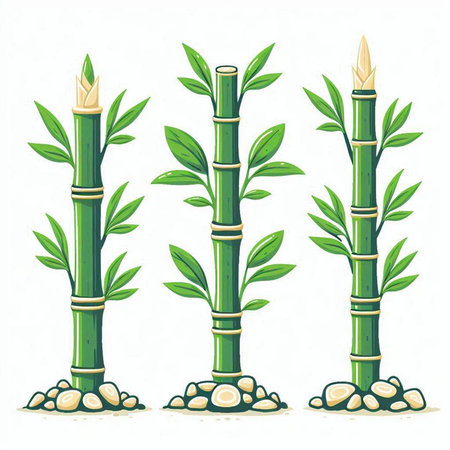 Set of green bamboo plants isolated on white background. Vector illustration.のイラスト素材