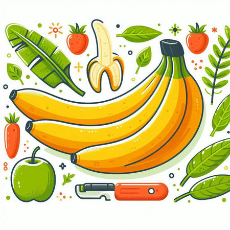 Banana fruit and vegetables. Vector illustration in flat cartoon style.のイラスト素材