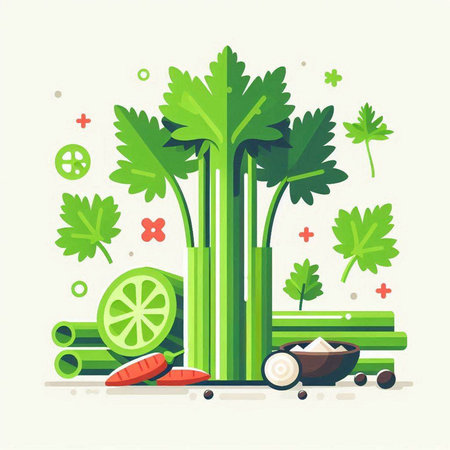 Celery and ingredients for cooking. Vector illustration in flat styleのイラスト素材