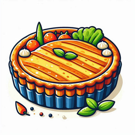 Illustration of a pie with fresh fruits and vegetables on a white backgroundのイラスト素材