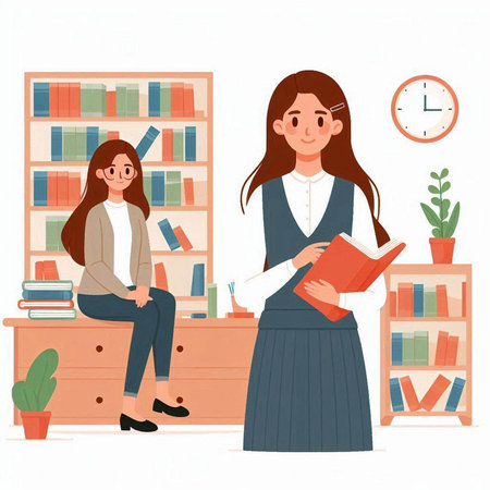Woman reading book in library. Girl sitting on bookshelf with books. Vector illustration.のイラスト素材