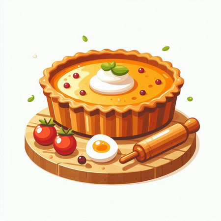 Illustration of a piece of pie with cottage cheese, tomato and eggのイラスト素材