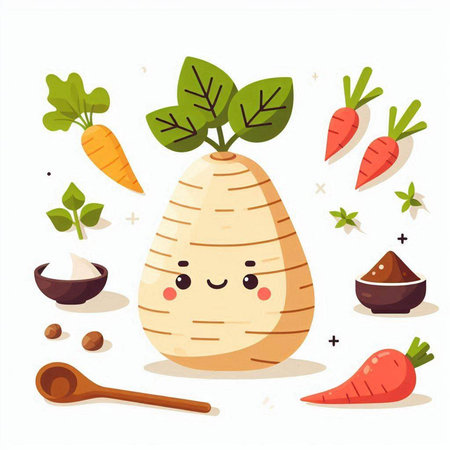 Cute kawaii turnip character with vegetables. Vector illustration.のイラスト素材