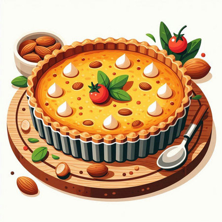 Illustration of a pie with almonds and strawberries on a white backgroundのイラスト素材