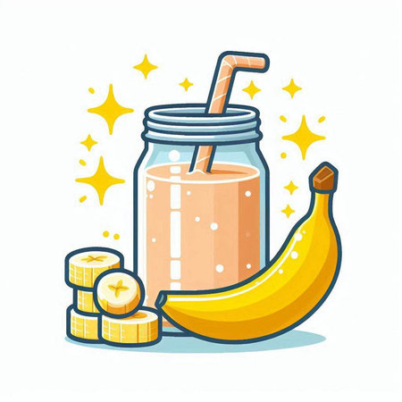 Banana smoothie in a glass jar with a straw. Vector illustration.のイラスト素材