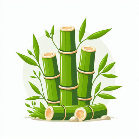 Green bamboo with leaves isolated on white background. Vector cartoon illustration.のイラスト素材