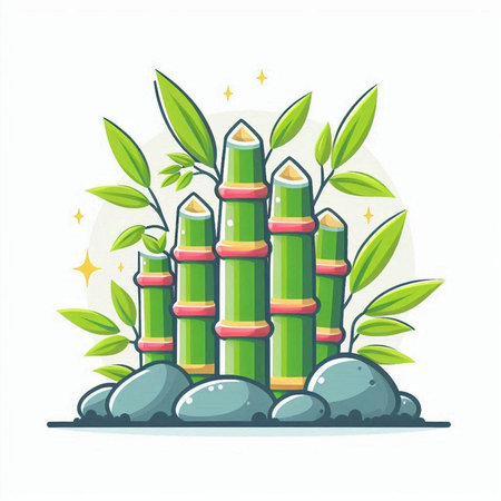 Bamboo with leaves and stones. Vector illustration in cartoon style.のイラスト素材