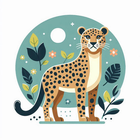 Cute cartoon cheetah with flowers and plants. Vector illustration.のイラスト素材