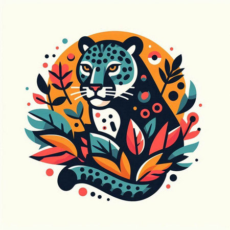 Hand drawn vector illustration of leopard with flowers, leaves and dots.のイラスト素材