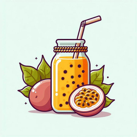 Passion fruit juice in a glass jar with a straw. Vector illustration.のイラスト素材