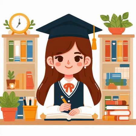Girl in graduation cap and gown reading book in library. Vector illustration.のイラスト素材