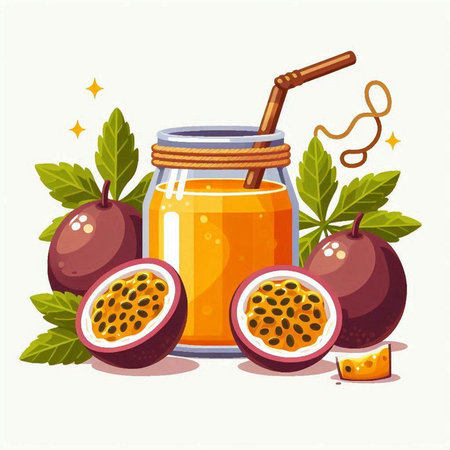 Passion fruit juice in a glass jar with a straw. Vector illustration.のイラスト素材