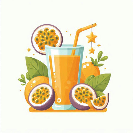 Passion fruit juice in a glass with straw. Vector illustration.のイラスト素材
