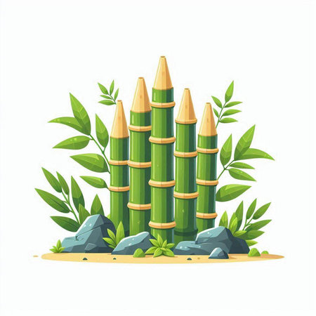 Bamboo plants with leaves isolated on white background. Vector illustration.のイラスト素材