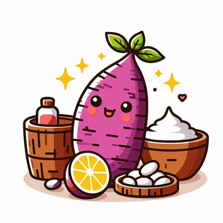 Cute sweet potato character with ingredients. Vector cartoon character illustration.のイラスト素材