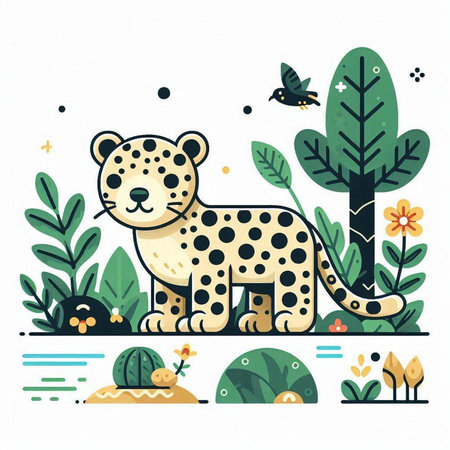 Cute leopard in the jungle. Vector illustration in flat style.のイラスト素材