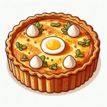Illustration of a pie with eggs and greens on a white backgroundのイラスト素材
