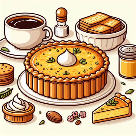 Illustration of a pie with cream and a cup of coffee.のイラスト素材
