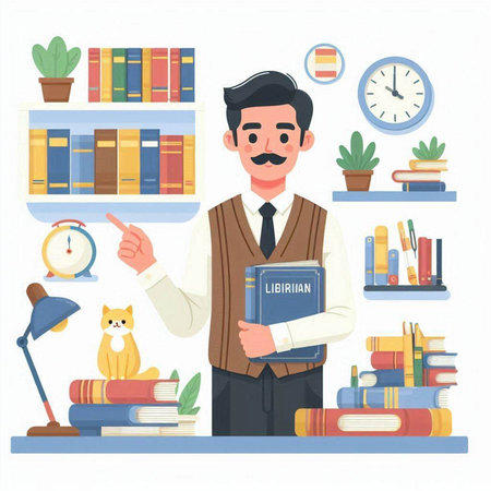 Male teacher in a library. Vector illustration in a flat style.のイラスト素材