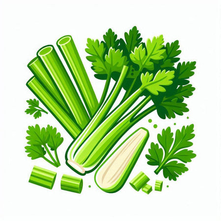 Fresh celery and parsley isolated on white background. Vector illustration.のイラスト素材