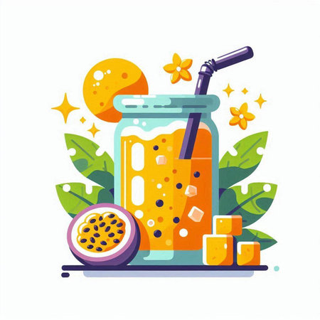 Passion fruit smoothie in a glass jar. Vector illustration.のイラスト素材