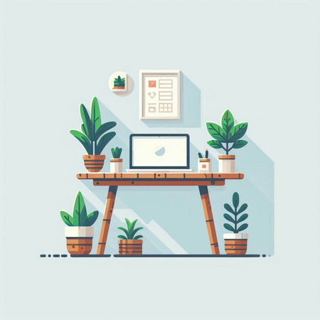 Flat design modern vector illustration concept of home office workspace. Workplace with laptop, coffee cup, plant pot, plant pot, houseplant, picture frame on wall.のイラスト素材