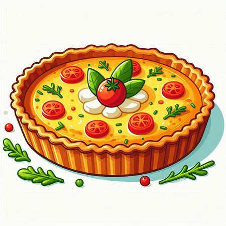 Illustration of a tomato pie with mozzarella, tomatoes and herbsのイラスト素材