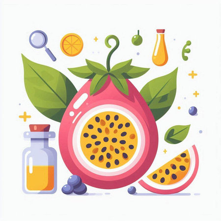 Passion fruit, juice and fruits. Vector illustration in flat style.のイラスト素材