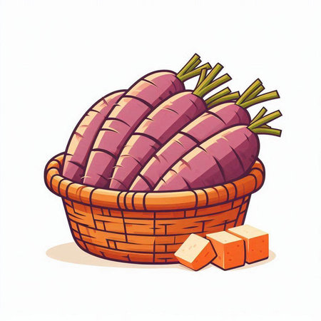 Illustration of a wicker basket full of sweet potato on a white backgroundのイラスト素材