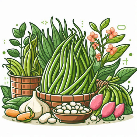 Illustration of green beans in a clay pot with spices and herbsのイラスト素材