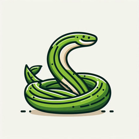 Vector illustration of green snake on white background. Line art style.のイラスト素材