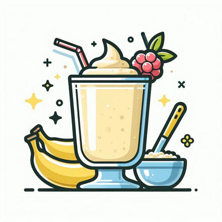 Banana milkshake with whipped cream and fruits. Vector illustration.のイラスト素材