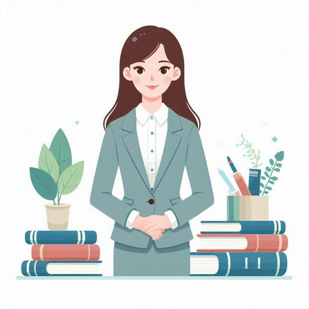 Businesswoman standing in front of stack of books. Vector illustration.のイラスト素材