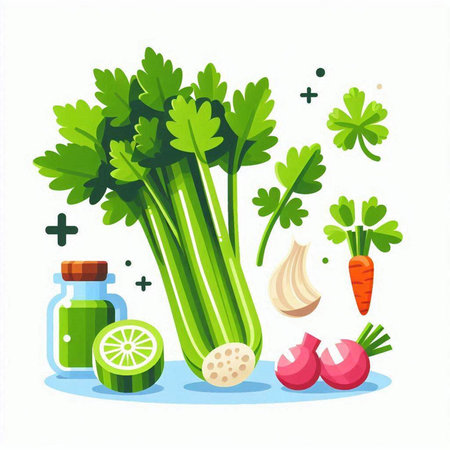 Celery, parsley, onion, garlic, lemon, parsley, leek, celery root, vector illustration.のイラスト素材