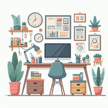 Office workplace. Workplace with computer, bookshelf, chair, plant, clock. Vector illustrationのイラスト素材