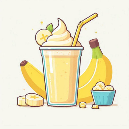 Banana milkshake with whipped cream and fresh bananas. Vector illustration.のイラスト素材