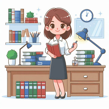 Young woman in library. Education concept. Vector illustration in cartoon style.のイラスト素材