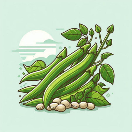 Vector illustration of green beans with leaves and sun on the background.のイラスト素材