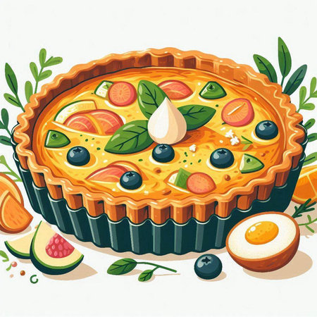 Illustration of a pie with fruits and vegetables on a white backgroundのイラスト素材