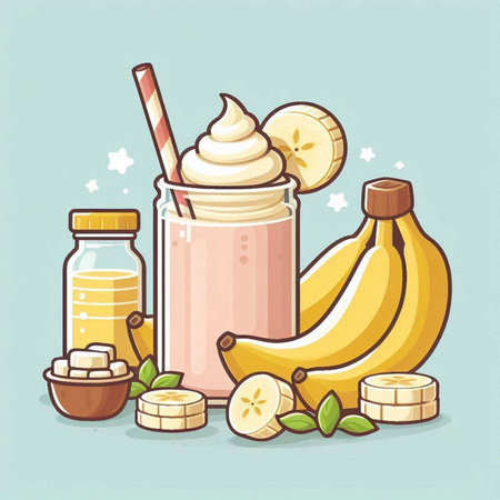 Banana smoothie with fresh bananas and yogurt. Vector illustration.のイラスト素材