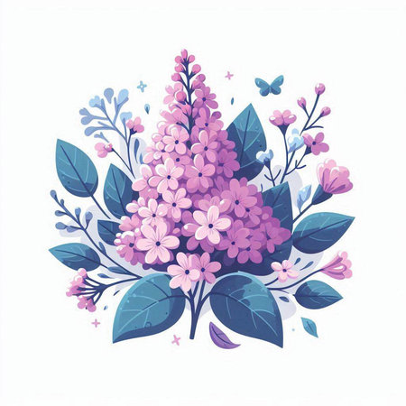 Bouquet of lilac flowers and leaves. Vector illustration.のイラスト素材