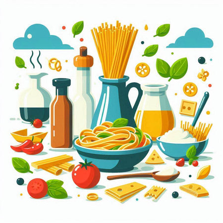 Pasta ingredients and products for cooking. Vector illustration in flat styleのイラスト素材