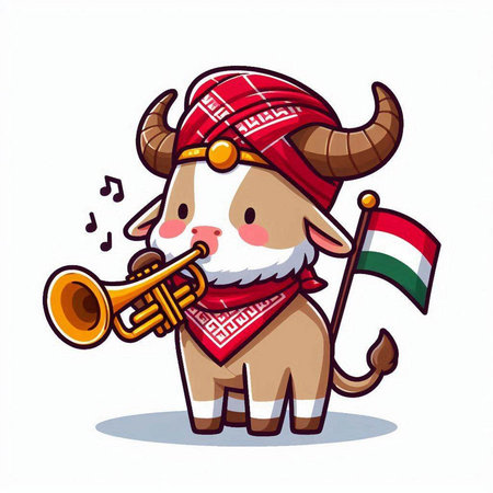 Cute bull with horn and flag of Hungary. Vector illustration.のイラスト素材