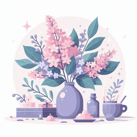 Flower composition. Vector illustration in flat cartoon style. Flowers in vase, cup of coffee, candles and branches.のイラスト素材